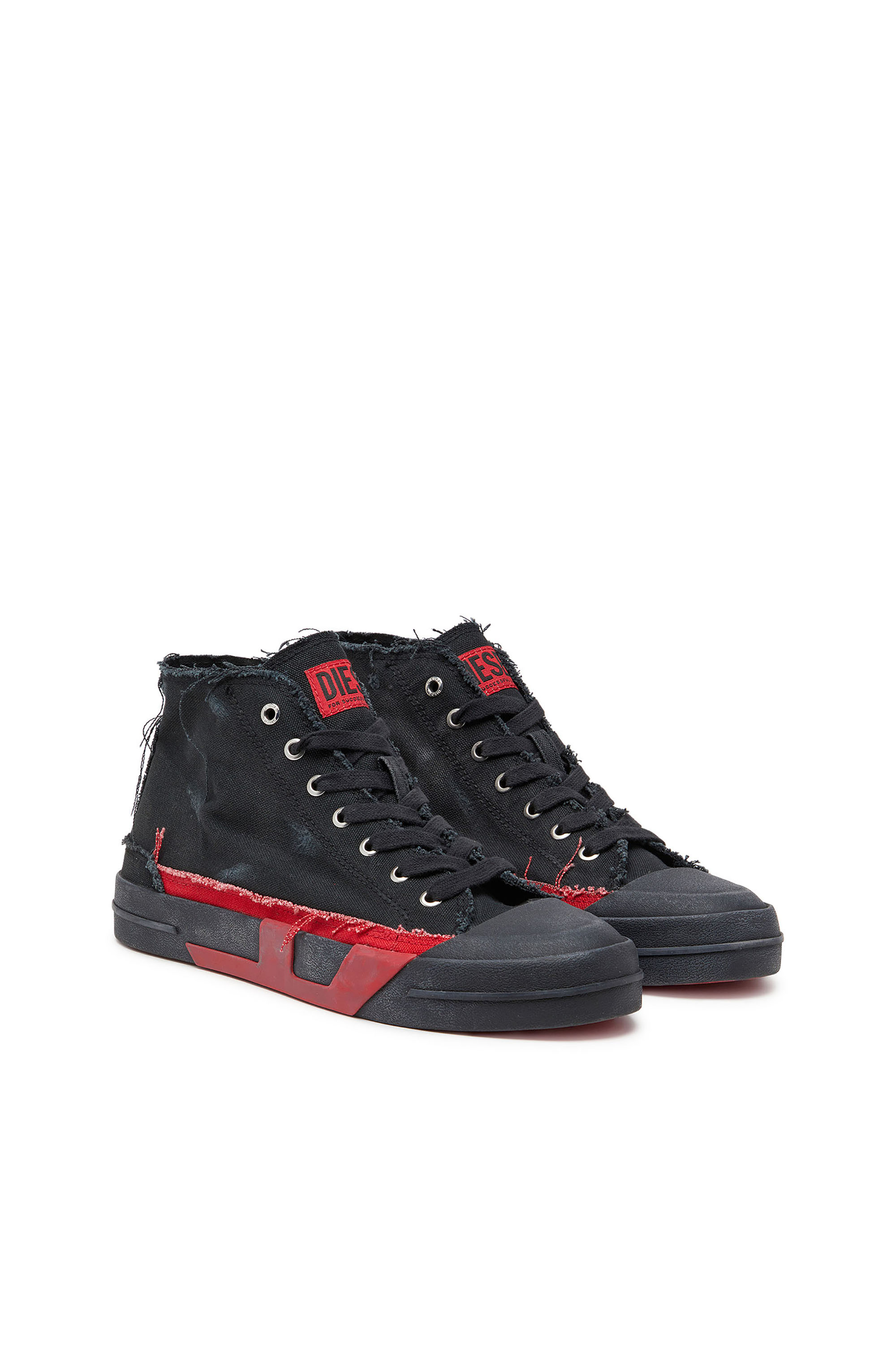 Diesel - S-D-VERSE MID II, Man's S-D-Verse-Distressed high-top sneakers in canvas in Black/Red - 4