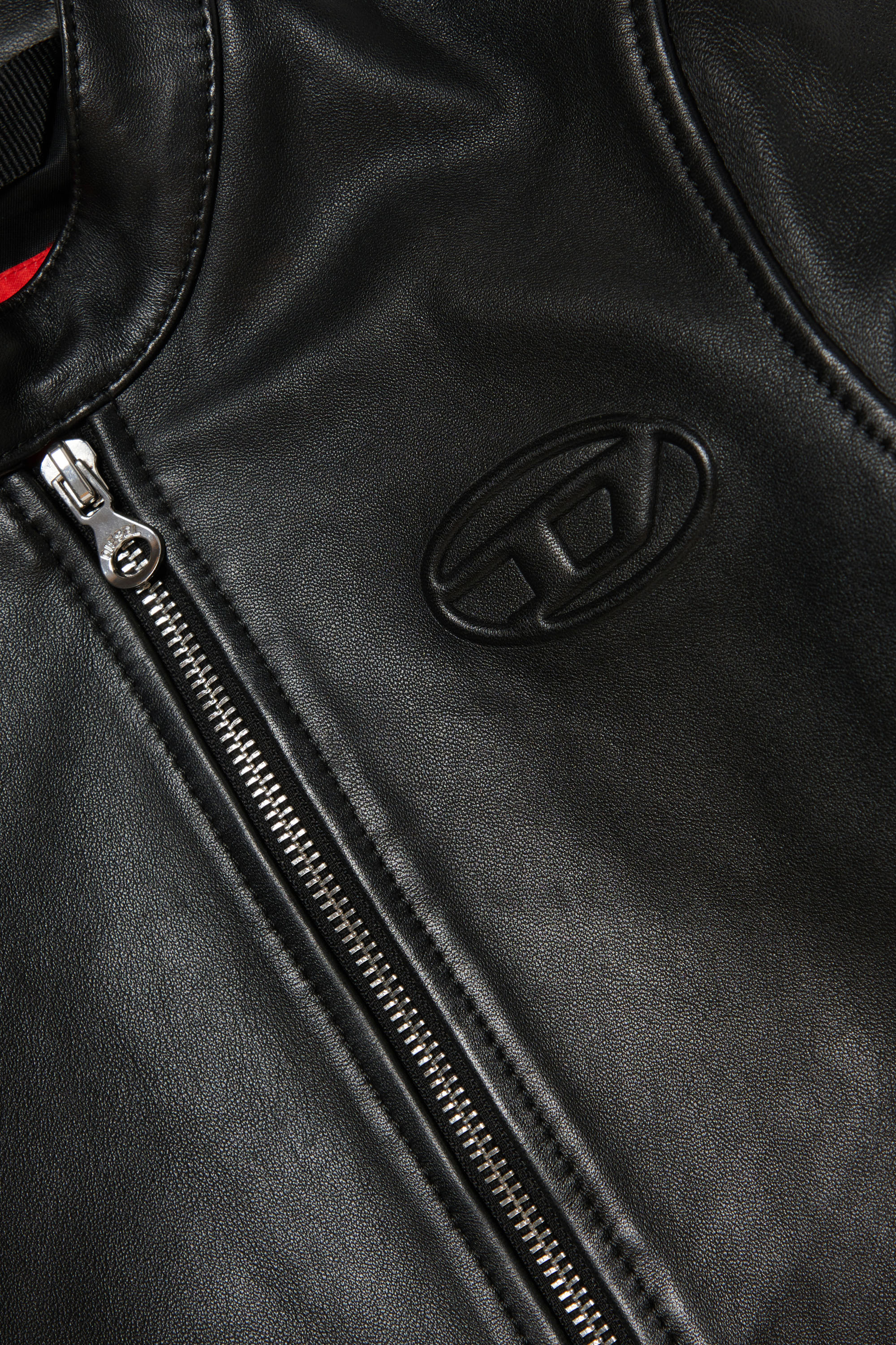 Diesel - JBLAC, Man's Leather biker jacket with embossed logo in Black - 3